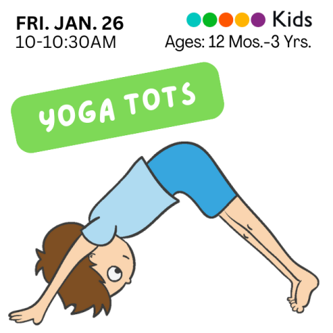 Drawing of a child wearing a light blue shirt and darker blue shorts doing the downward dog yoga pose.