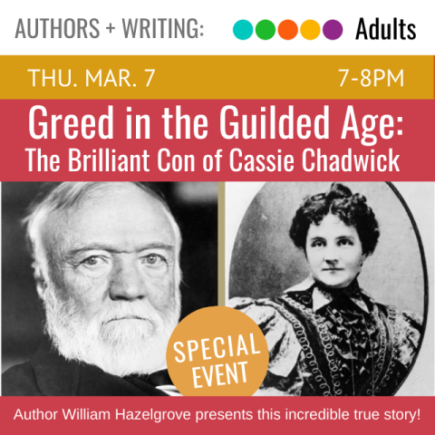 black and white photographs of Andrew Carnegie and Cassie Chadwick. above is text in white that reads Greed in the Gilded Age