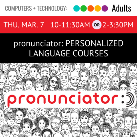 black and white illustration of a crowd of faces. overlayed is the word pronunciator