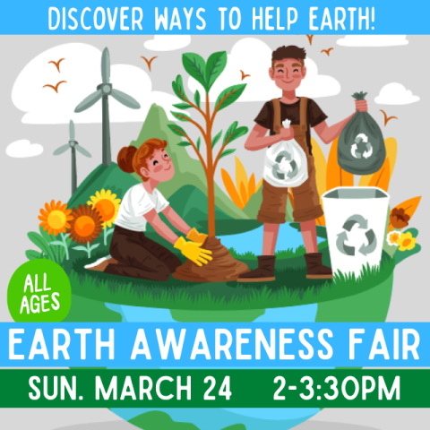 Cartoon image showing Earth as a half circle. Female person planting a tree on top of the 1/2 circle;. man standing with recycle bags. Tree, water, birds, clouds and wind turbines in the background.