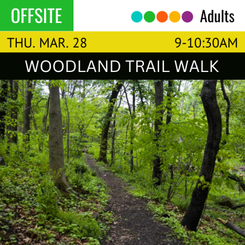 white text on black background read Woodland Trail Walk. below is an image of a path in the woods