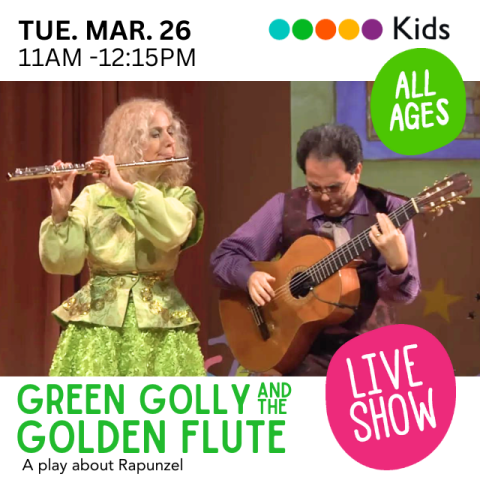 Photo of a woman in lime green clothing playing a flute, a man in dark clothes playing a guitar next to her. 