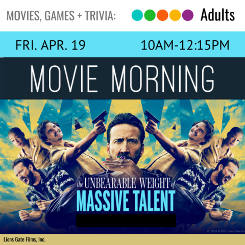 movie poster is a kaleidoscope style image of the actor Nicholas Cage in the center and the actors Pedro Pascal and Tiffany Haddish on the outside