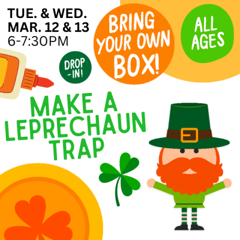 Cartoon drawing of a leprechaun with a green hat and orange beard. 