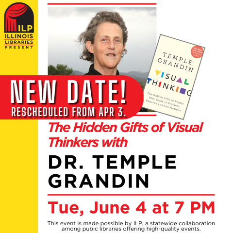 photograph of Temple Grandin wearing a black button up shirt. red banner with white text New Date.