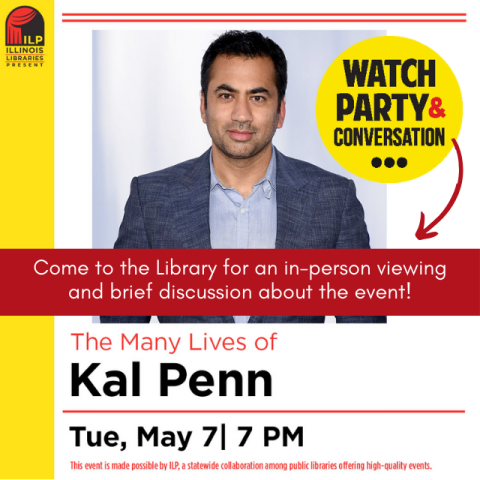 photograph of Kal Penn wearing a jacket. yellow circle has black text that reads Watch Party & Conversation