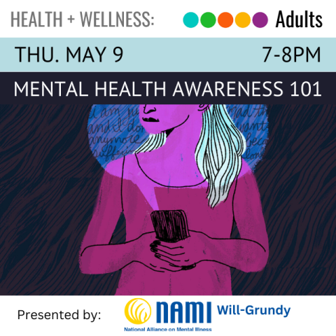 multicolor drawing of a person in hues of blues and purples. above is text that read Mental Health Awareness 101