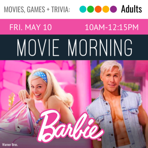 movie poster with background of pink with the actors Margo Robbie and Ryan Gosling. text about reads Movie Morning. text below reads Barbie