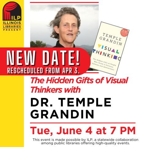 photograph of Temple Grandin wearing a black button up shirt. red banner with white text New Date.