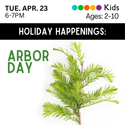 Program details overlaid on a picture of a young evergreen tree.