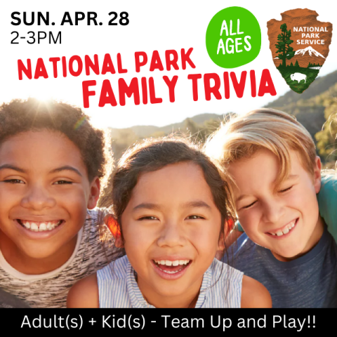 Three racially diverse kids smiling and the National Parks emblem. 