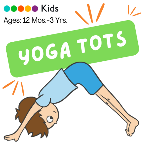 Drawing of a child wearing a blue shirt in downward dog pose. Yoga Tots. Ages 12m-3 years.