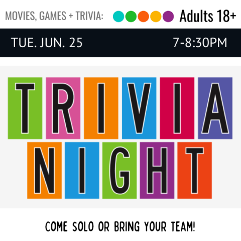 each letter in the words Trivia Night overlays a different colored background