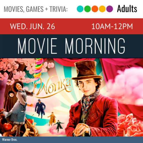 brightly colored movie poster with the character of Willy Wonka wearing a top hat and magenta-colored jacket