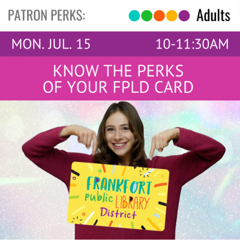 woman pointing to a large, yellow library card. above in white text on a purple background text reads Know the Perks of Your FPLD Card