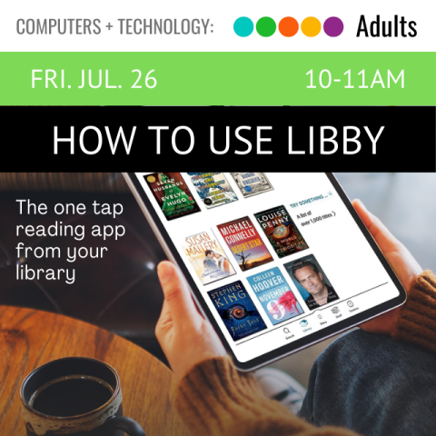 image of a pair hands holding a tablet, the Libby app is open with six book covers