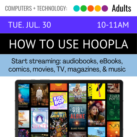 screenshot of Hoopla. above in black text on blue background read Start Streaming: audiobooks, ebooks, comics, movies, TV, magazines, and music