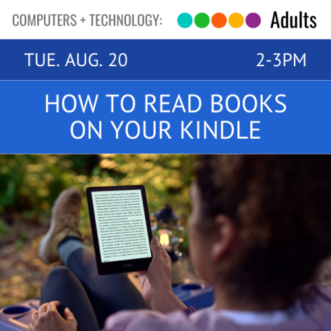 photograph of a person reading on their Kindle. above in white text on a blue background reads How to Read Books On Your Kindle