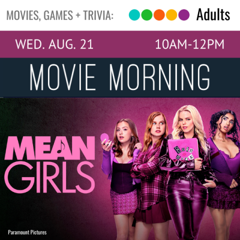 movie poster is a gradient of black to pink. in pink font reads Mean Girls. to the right is a photograph of four teenage girls.