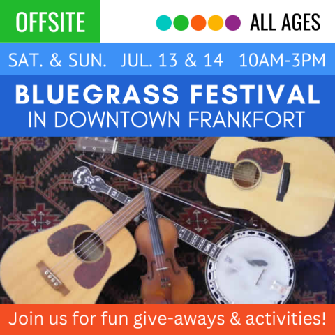 photograph of two guitars, one fiddle, one banjo. above in white text on a blue background the text reads Bluegrass Festival