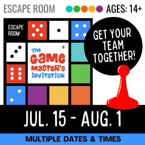 illustration of a white square with text in red and blue that reads The Game Master's Invitation. The square is surrounded by 14 smaller squares in multiple colors, some with white or black dots symbolized dice. to the right is a red game pawn with a black circle above with text in white that reads Get Your Team Together