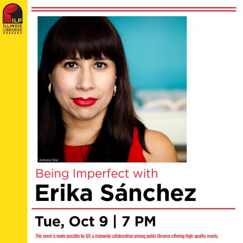 image of author Erika Sanchez in front of a blue background. black text reads Erika Sanchez, Tue., Oct 9, 7pm