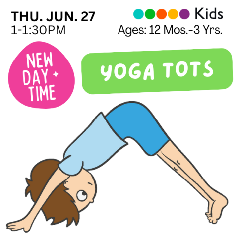 Illustration of a child wearing blue shirt and shorts in downward dog yoga pose.