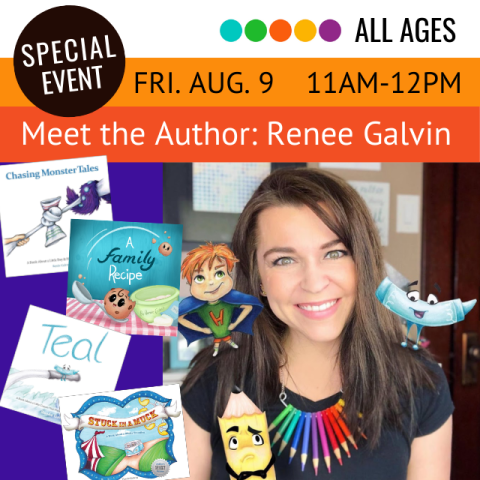 Author with dark hair smiling next to pictures of books.