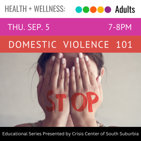 Text on multicolored banners that says Domestic Violence 101 Thursday September 5 7-8pm below that is an image of two hands held up to cover the person's face, with the word STOP written across the back of the hands