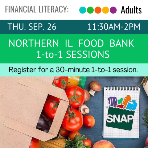 On a green banner across the top it says Northern Illinois Food Bank 1-to-1 Sessions Thursday September 26 11:30-2pm register for a 30-minute 1-to-1 session below that is a brown paper grocery bag on its side with a bunch of tomatoes, mushrooms, and other items coming out of it there is also the SNAP logo next to the bag