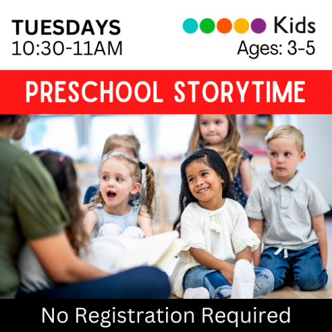 Preschool Storytime. Tuesdays 10:30am-11am. Ages 3-5 with parent. No registration required. 5 kids of varying races and genders singing with a grown up leader's back to the camera.