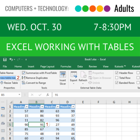 Text on green banners across the tops says, Excel Working with Tables, Wednesday, October 30, 7-8:30pm. Below that is a screenshot of toolbars, rows, and columns, and tables used in Microsoft Excel