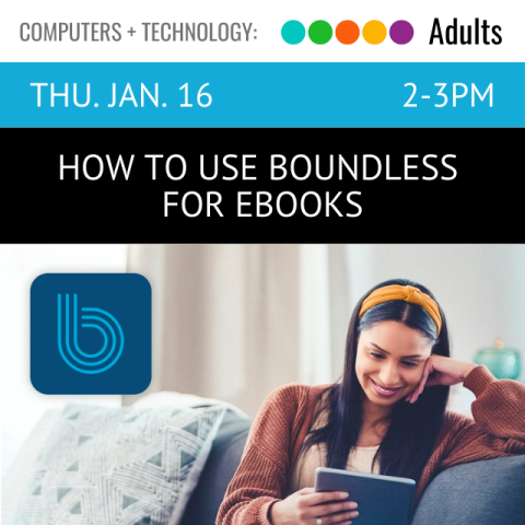 White banner with gray text reads computers and technology. Underneath a blue banner with white text reads Thursday, January 16, 2 to 3 PM. Underneath a black banner with white text reads How to use boundless for ebooks. Underneath a stock photo depicts a woman reading. The boundless logo is to her left.