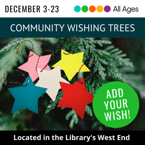 pink, yellow, white, teal, and red paper star ornaments with red & white striped thread in front of evergreen branches with text circle "add your wish!"