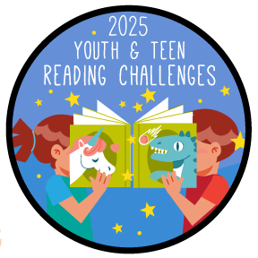 Youth and Teen Reading Challenges 2025. In a periwinkle blue circle with two kids, Girl reading from one side of a book with a unicorn. Boy reading from the other side with a dinosaur. Yellow stars spit spotted around.