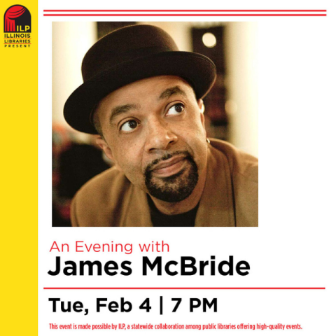 white background with red and black text that reads An Evening with James McBride. Under black text reads Tuesday, February 7, 7 pm.