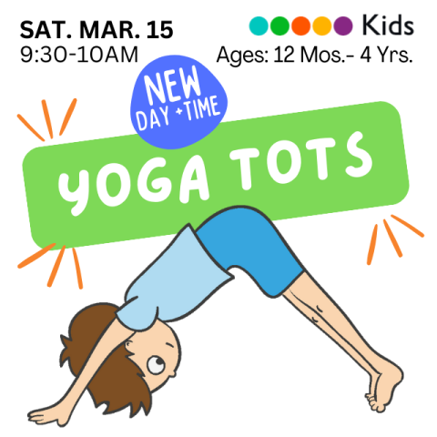 Drawing of a child wearing a light blue shirt and darker blue shorts doing the downward dog yoga pose.