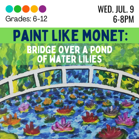 Replication of bridge over water with waterlilies. Includes program name, date and time.