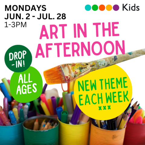 Colorful cans of markers, pencils, pens and a paint brush with program name, date and time.