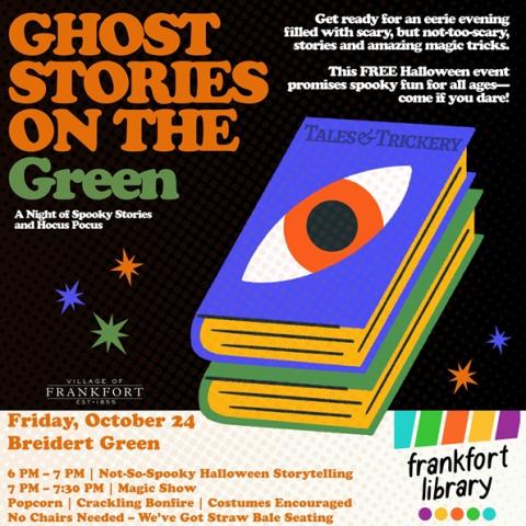 Books with eyes on them, text: Ghost Stories on the Green with date, time and location