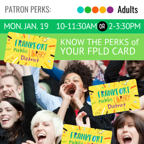 A crowd of people cheering. Some people are holding oversized yellow library cards.