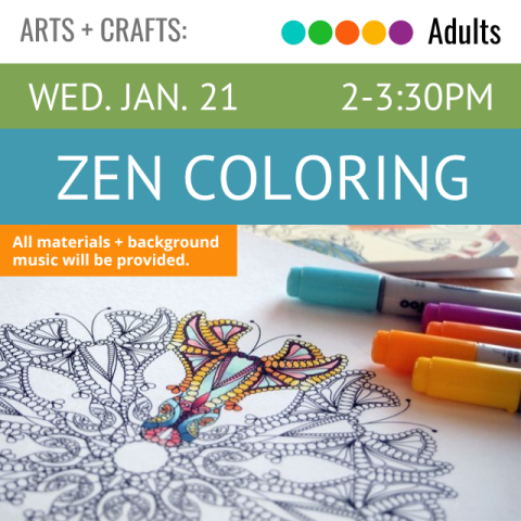 Multiple pens in a variety of colors are on a table next to a black and white mandala style drawing.