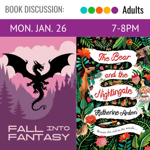 Various shades of purple and pink form a background with a silhouette of a dragon. Next to the illustration is a Book cover for The Bear and the Nightingale by Katherine Arden.