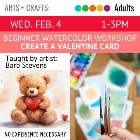 A watercolor painting of a teddy bear holding a heart. Next to this is a hand holding three watercolor brushes.