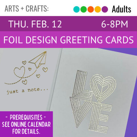 Two cards with gold foil designs. One is an illustration of a paper airplane with hearts and text that says "just a note". The other card has the word LOVE in an intricate design.