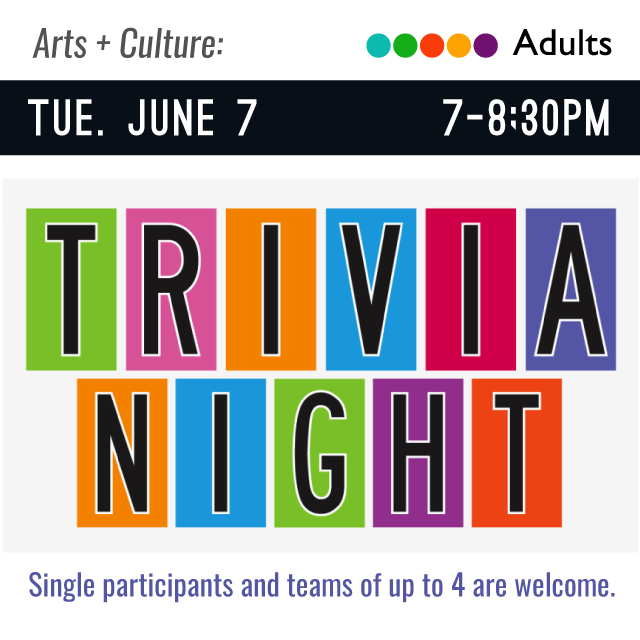 Trivia Night is spelled out in multi-colored blocks