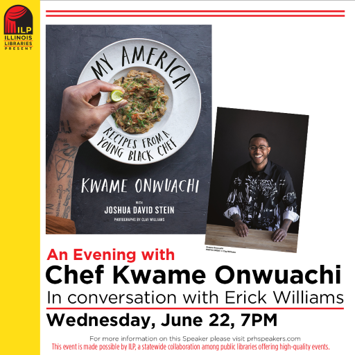 Image of Chef Onwuachi. To the left is an image of his book cover, a plate with a hand over over it. Text states An Evening with Chef Kwame Onwuachi