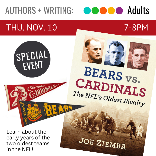 image of a book cover with pictures of football players. to the left is a blue and orange Bears pennant and a red and white Cardinals pennant