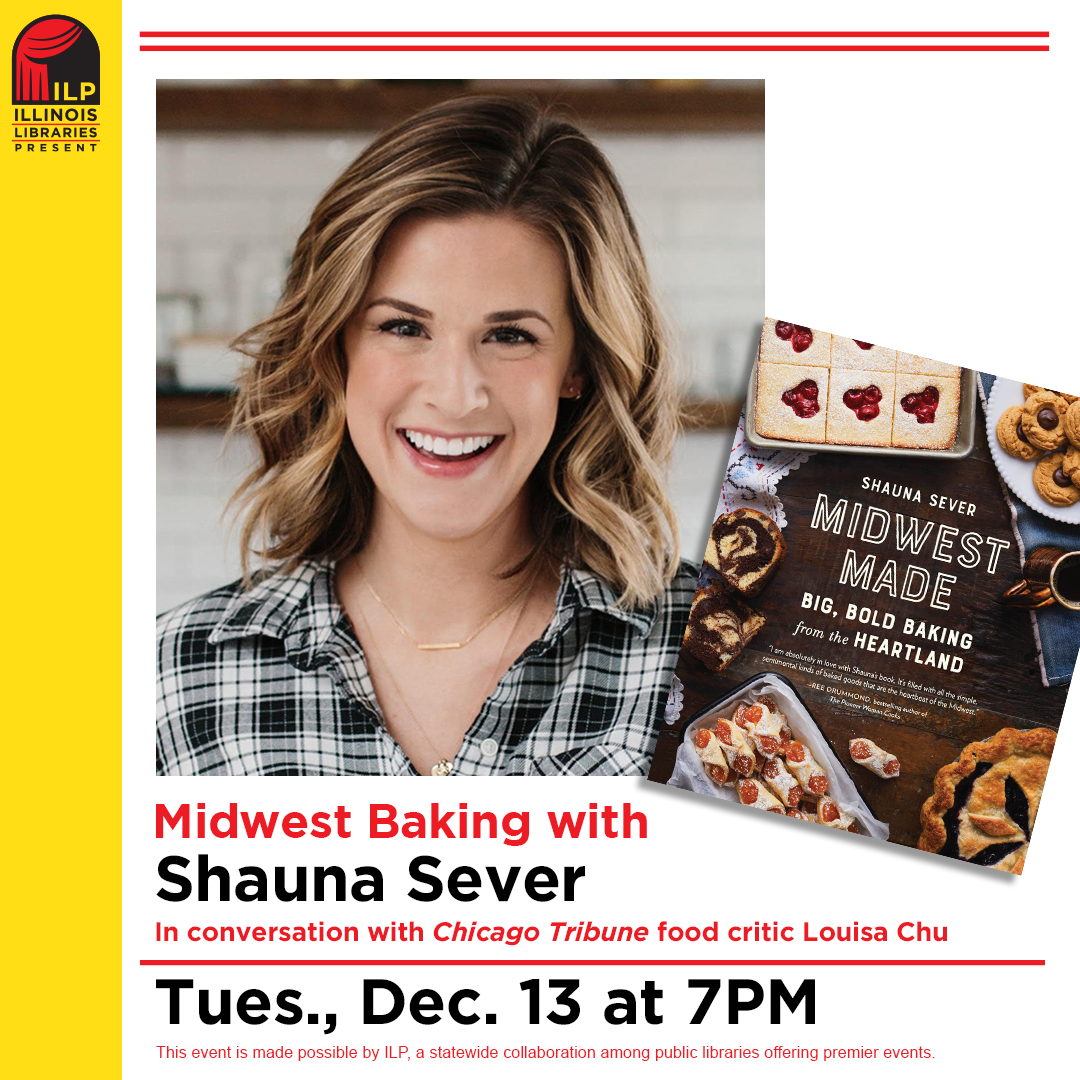 image of a woman wearing a checkered shirt. to the right is an image of a book cover. text below reads Midwest Baking with Shauna Sever