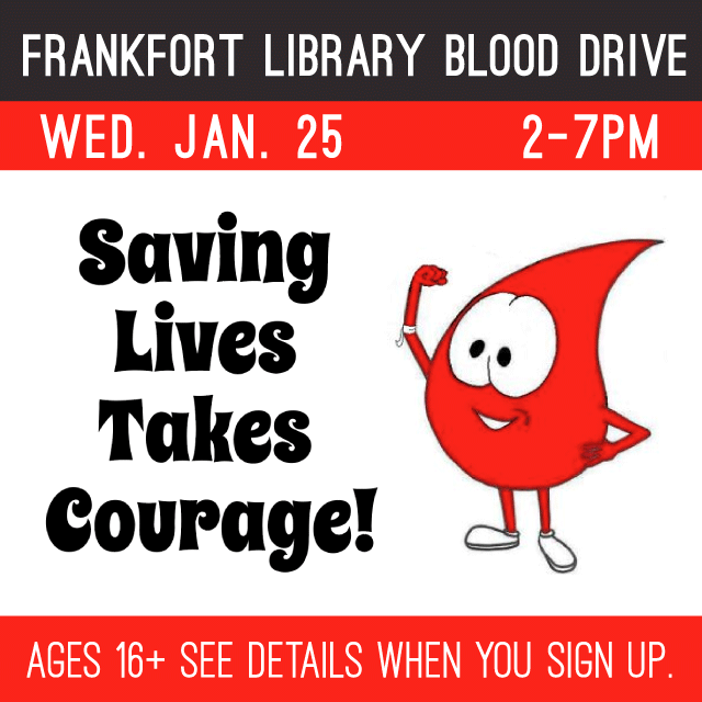 text reads Saving Lives Takes Courage. to the right is a cartoon image of a blood drop